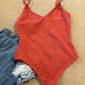 Lulu's Red Ribbed Strappy Bodysuit